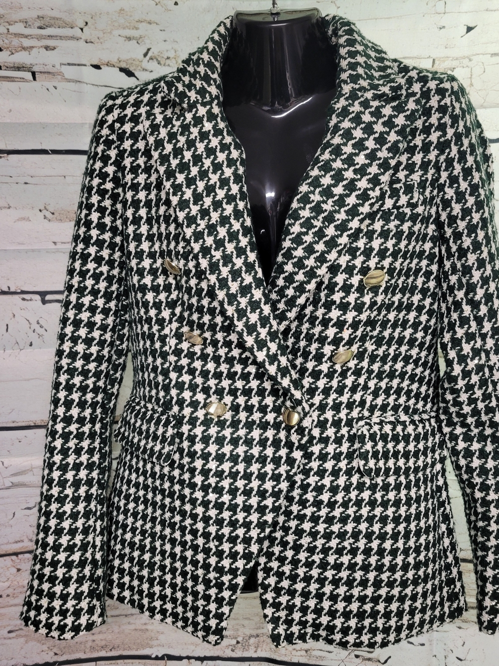 House of Harlow 1960 Houndstooth Double Breasted Blazer Green White Gold Button